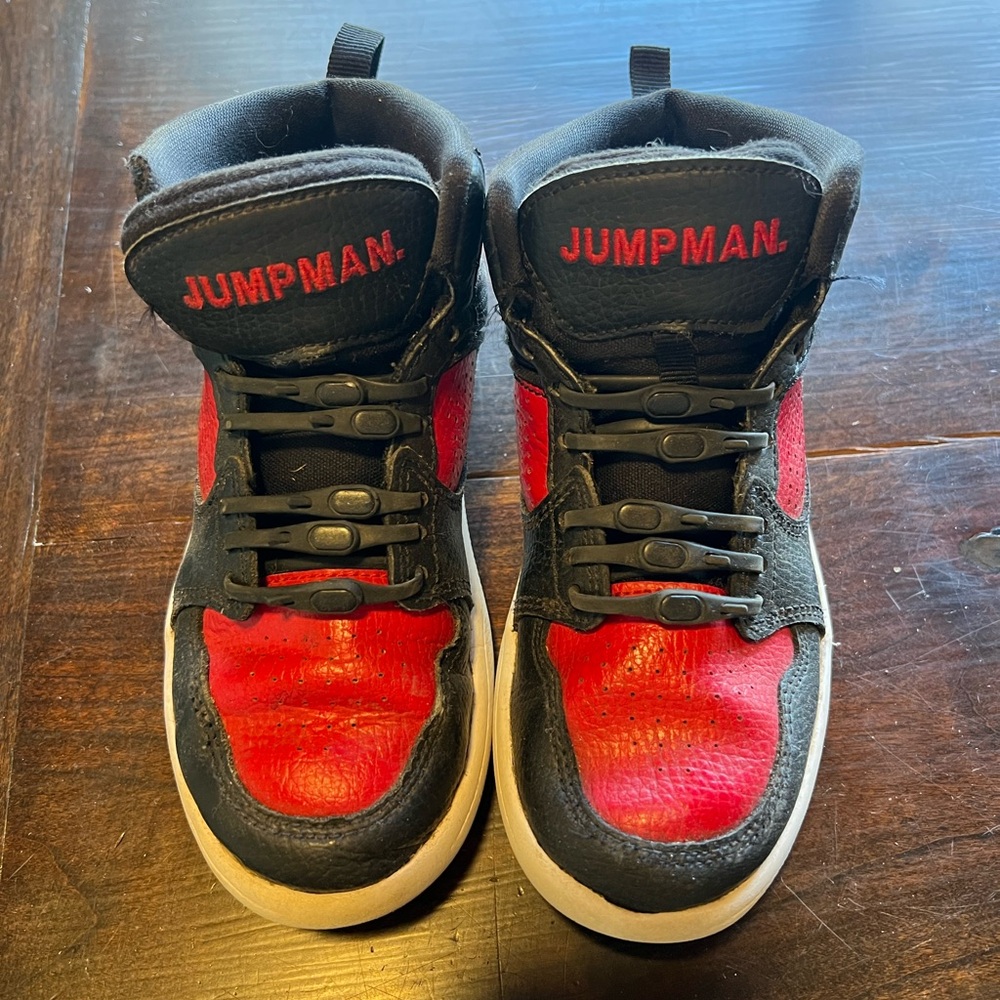 Jordan Kids' Black and Red Sneakers | 13.5 C. No tie laces.